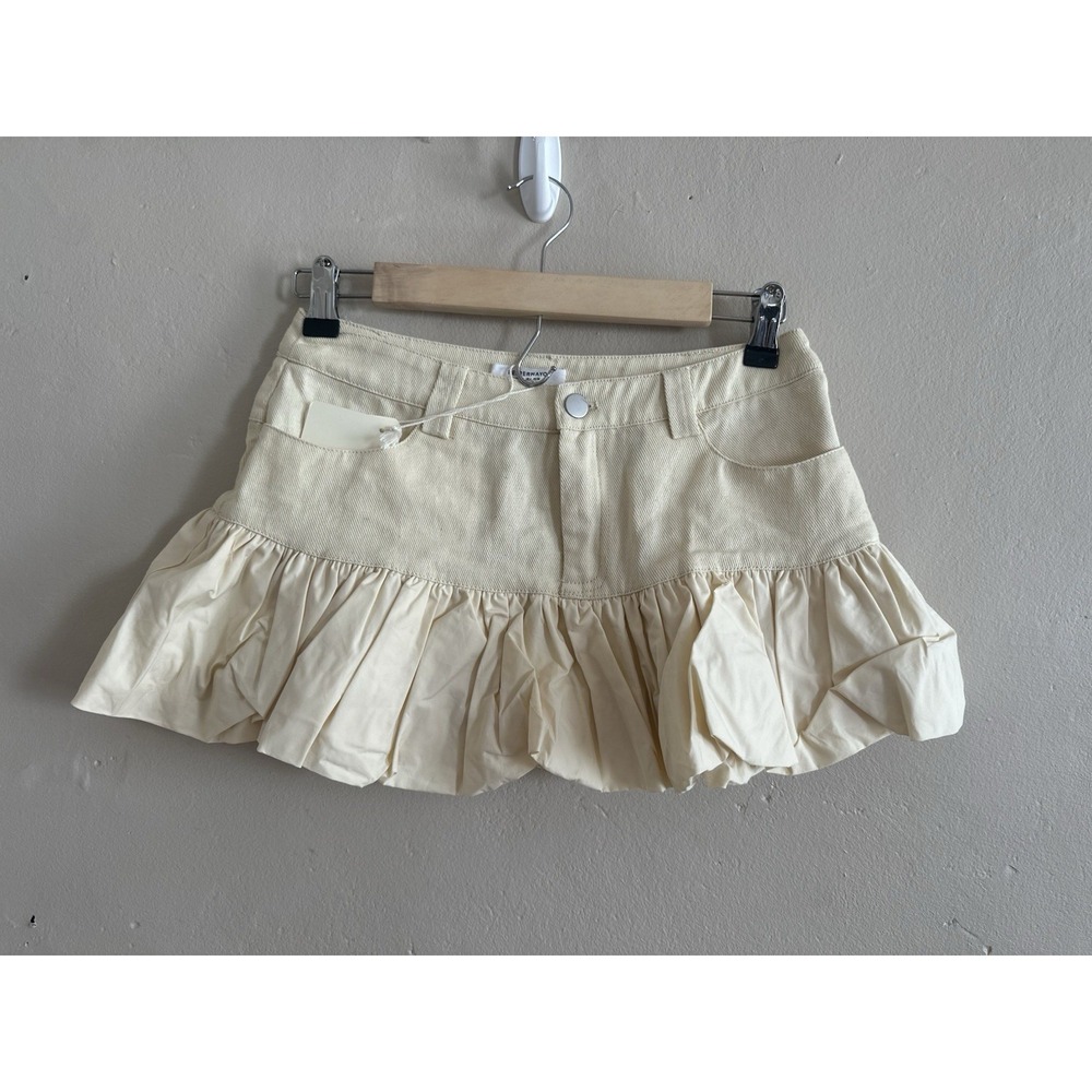 Peppermayo Womens Micro Mini Skirt Size 4 NWT Yellow Denim Ruffle Academia Y2K